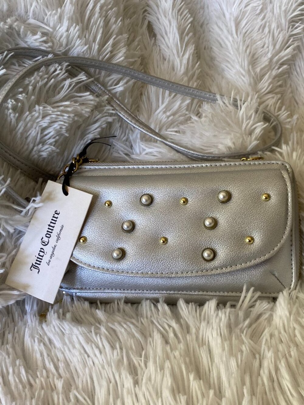 Juicy Couture Silver Metallic Stud “Pearly Girl” Crossbody Wallet/Bag NWT, Y2K!